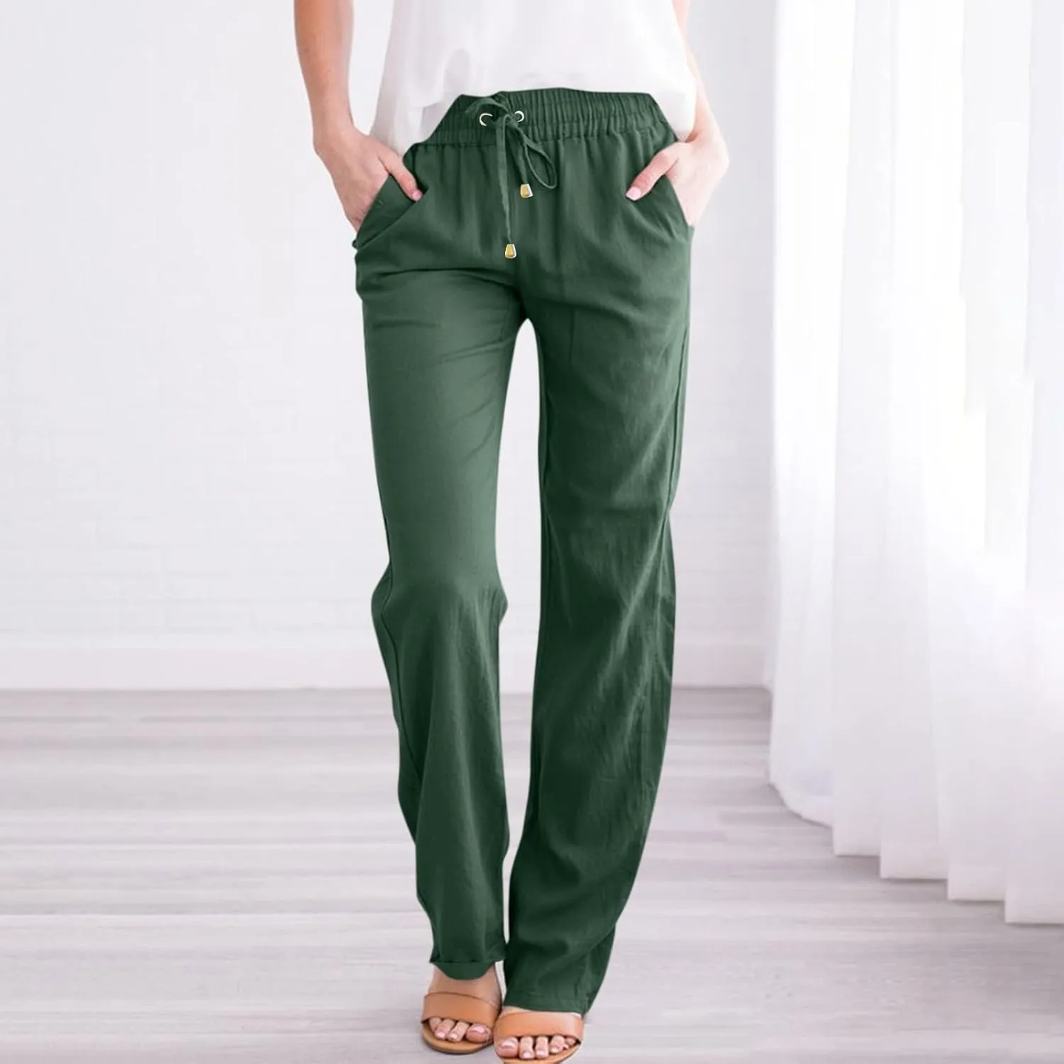 Cotton Linen Pants for Women Straight Leg Drawstring Long Trouser Loose Fit High Waist Beach Pants with Pockets