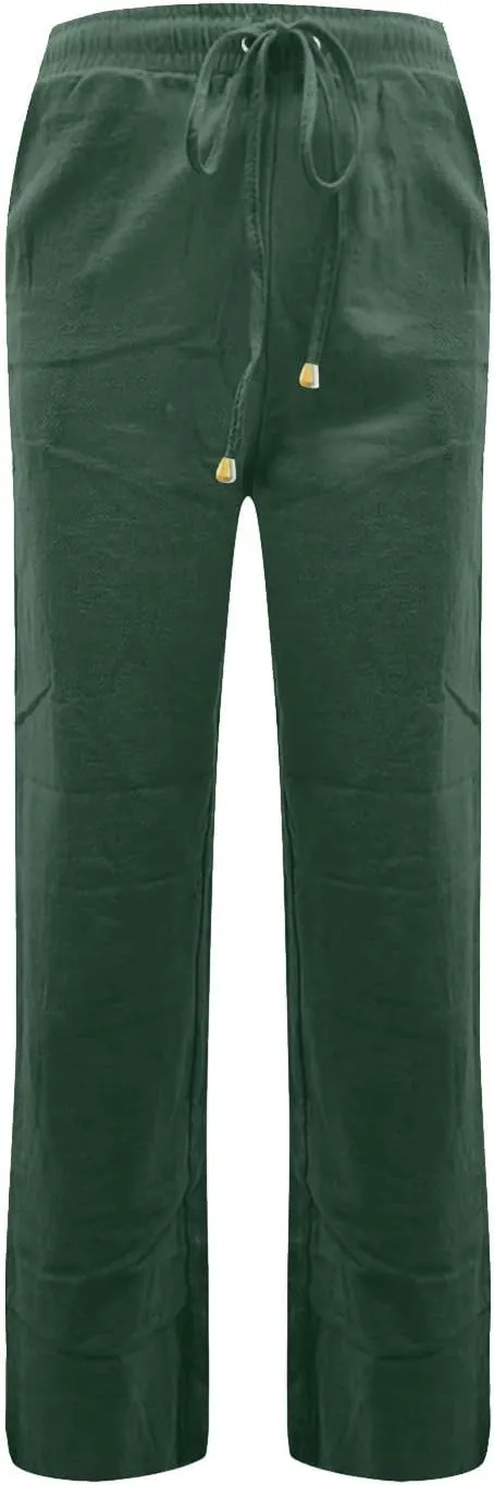 Cotton Linen Pants for Women Straight Leg Drawstring Long Trouser Loose Fit High Waist Beach Pants with Pockets