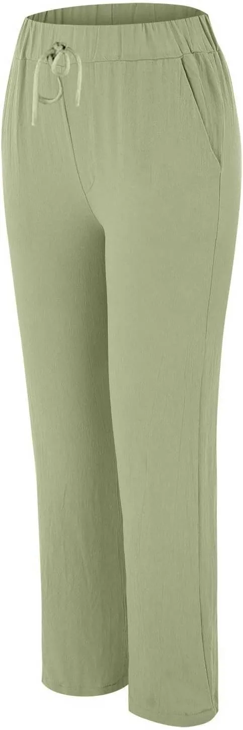 Cotton Linen Pants for Women Summer Straight Leg Loose Lounge Trousers Drawstring Elastic Waist Solid Plus Size Pants