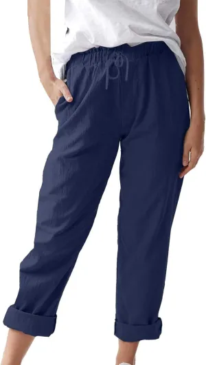Cotton Linen Pants for Women Summer Straight Leg Loose Lounge Trousers Drawstring Elastic Waist Solid Plus Size Pants