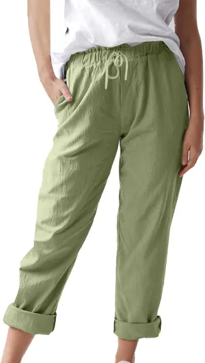 Cotton Linen Pants for Women Summer Straight Leg Loose Lounge Trousers Drawstring Elastic Waist Solid Plus Size Pants