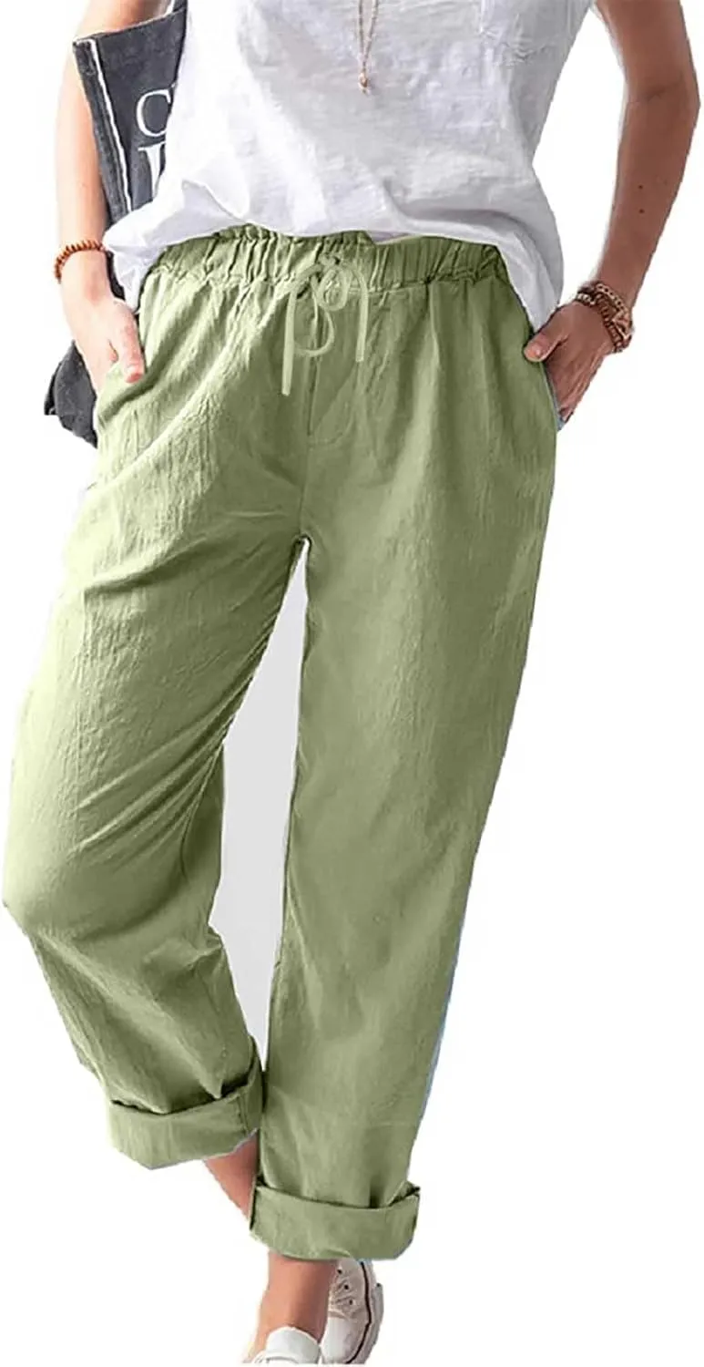 Cotton Linen Pants for Women Summer Straight Leg Loose Lounge Trousers Drawstring Elastic Waist Solid Plus Size Pants