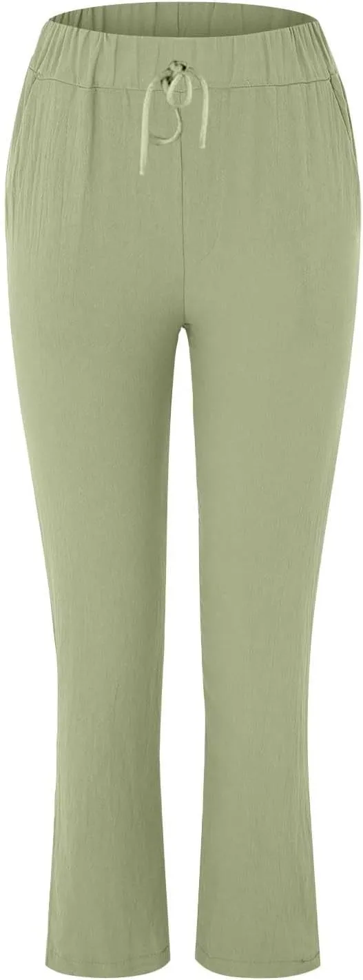 Cotton Linen Pants for Women Summer Straight Leg Loose Lounge Trousers Drawstring Elastic Waist Solid Plus Size Pants