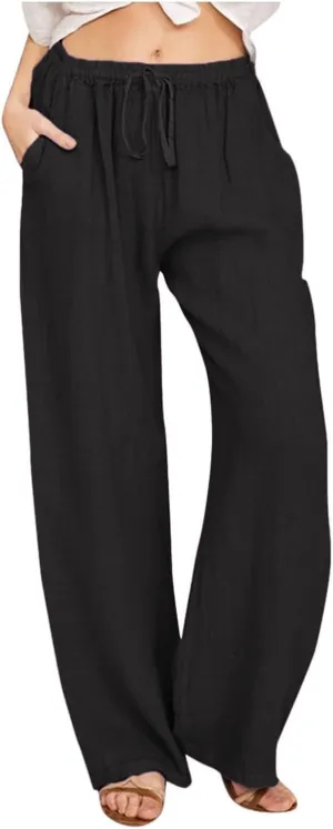 Cotton Linen Pants Women Summer Drawstring High Waisted Palazzo Pants Casual Wide Leg Yoga Trousers with Pockets