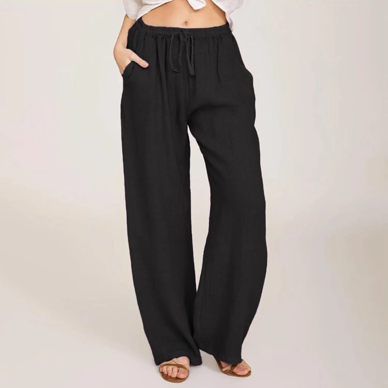 Cotton Linen Pants Women Summer Drawstring High Waisted Palazzo Pants Casual Wide Leg Yoga Trousers with Pockets