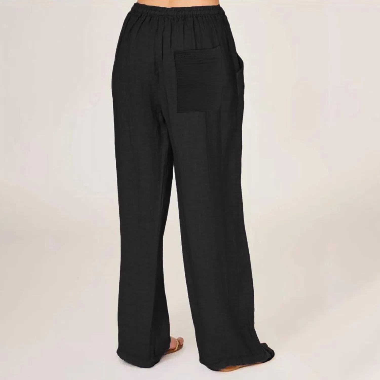 Cotton Linen Pants Women Summer Drawstring High Waisted Palazzo Pants Casual Wide Leg Yoga Trousers with Pockets