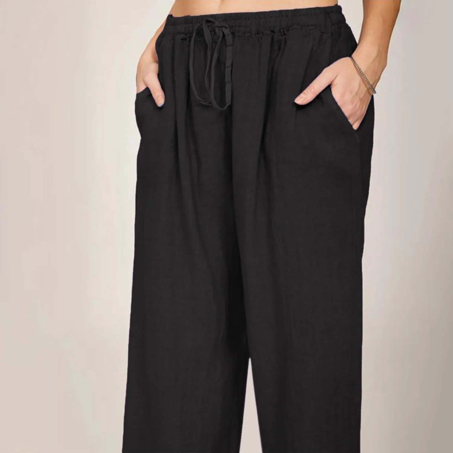 Cotton Linen Pants Women Summer Drawstring High Waisted Palazzo Pants Casual Wide Leg Yoga Trousers with Pockets