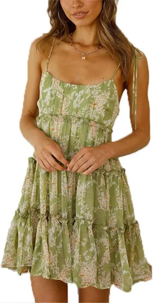 crazynekos Women's Spaghetti Strap Dresses Scoop Neck Bow Backless Sleeveless Elastic Waist Ruffle Hem A-Line Casual Mini Dress (Green Floral,XL,X-Large,Regular,Regular)