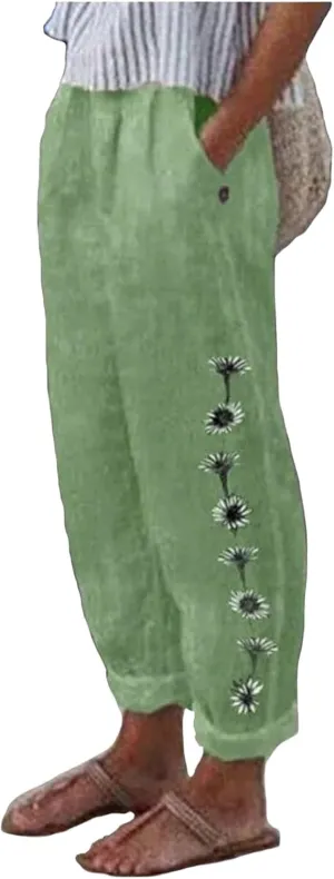 Cropped Linen Pants Women High Waisted Straight Leg Capri Summer Boho Floral Cotton Casual Pants Baggy Beach Trousers