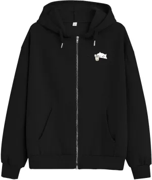 Cute Oversized Zip Up Hoodie for Teen Girls Kawaii Cartoon Cat Sweatshirt for Women Pockets Cotton Top Jackets Coat