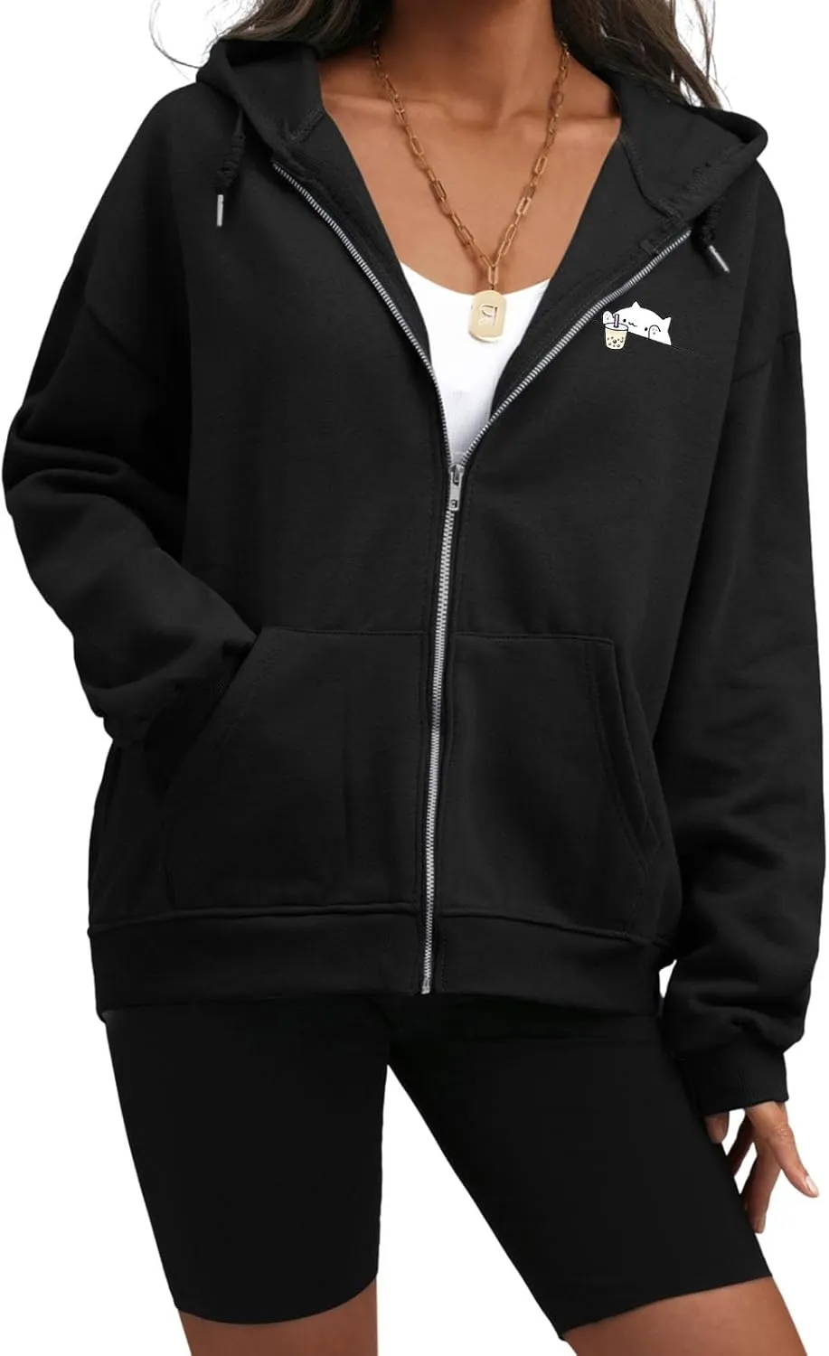 Cute Oversized Zip Up Hoodie for Teen Girls Kawaii Cartoon Cat Sweatshirt for Women Pockets Cotton Top Jackets Coat