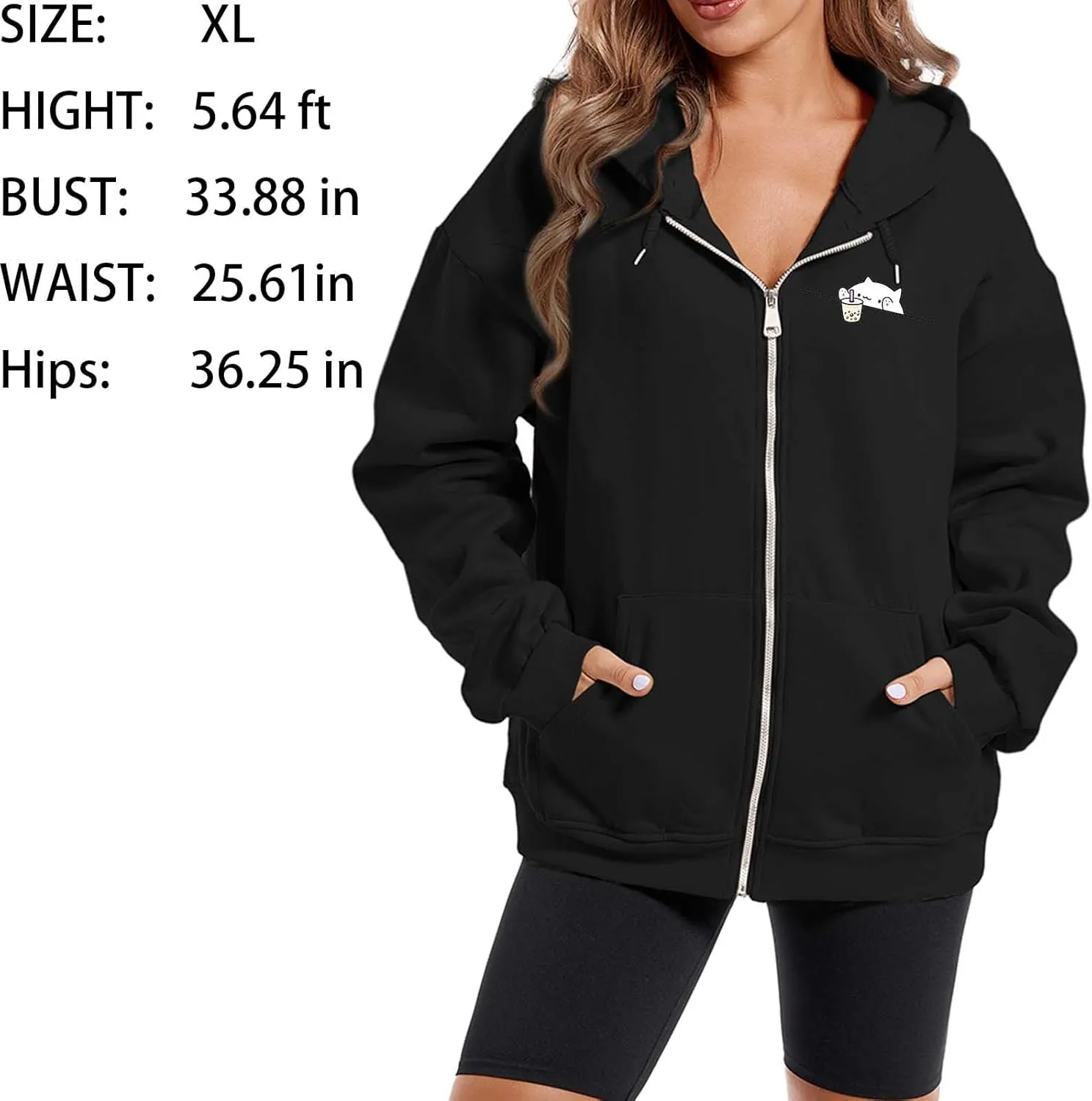 Cute Oversized Zip Up Hoodie for Teen Girls Kawaii Cartoon Cat Sweatshirt for Women Pockets Cotton Top Jackets Coat