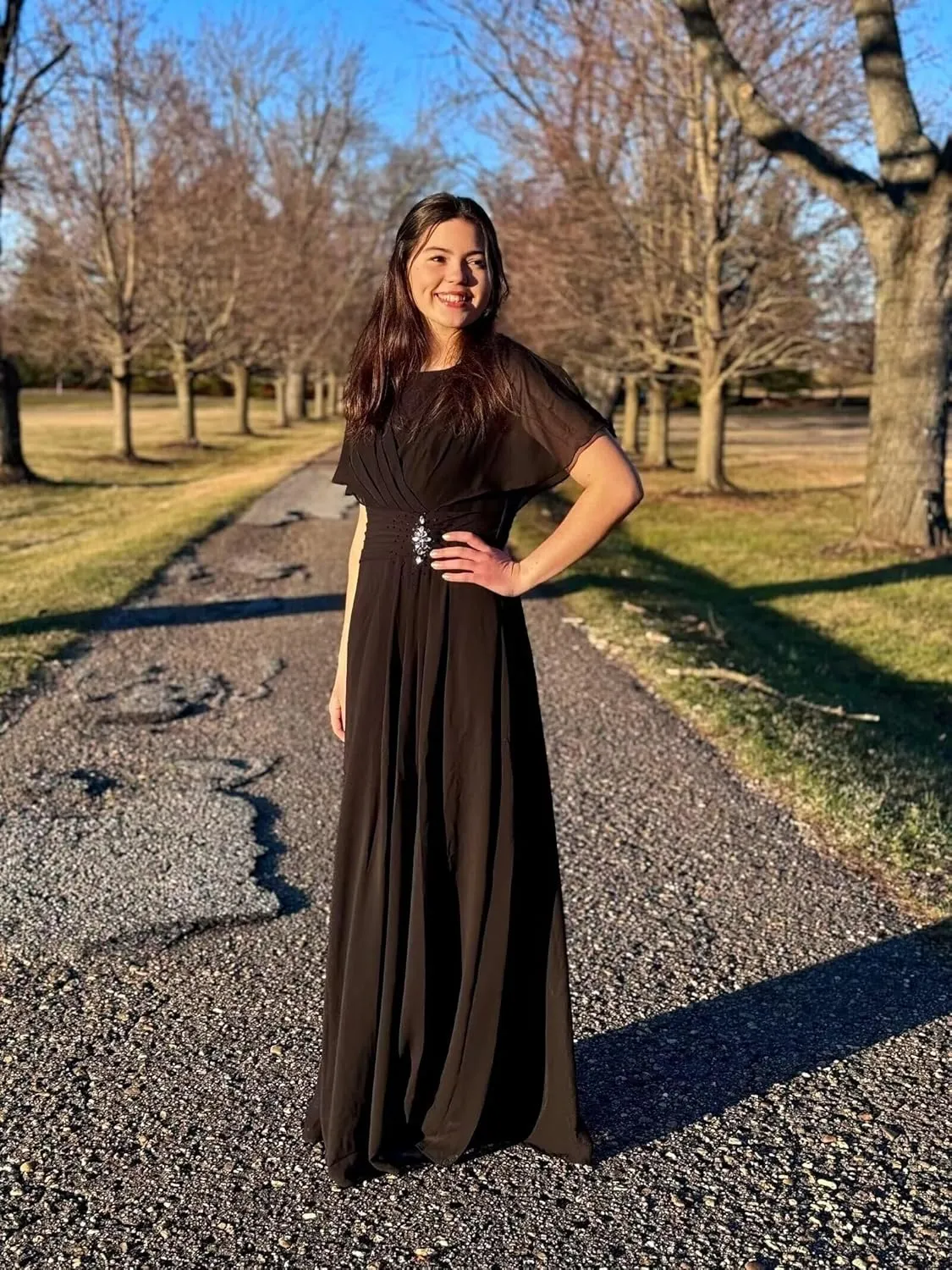 CWOAPO Mother of The Bride Dresses with Sleeves Scoop Neck Ruched Chiffon A-line Long Formal Wedding Guest Dresses 2025