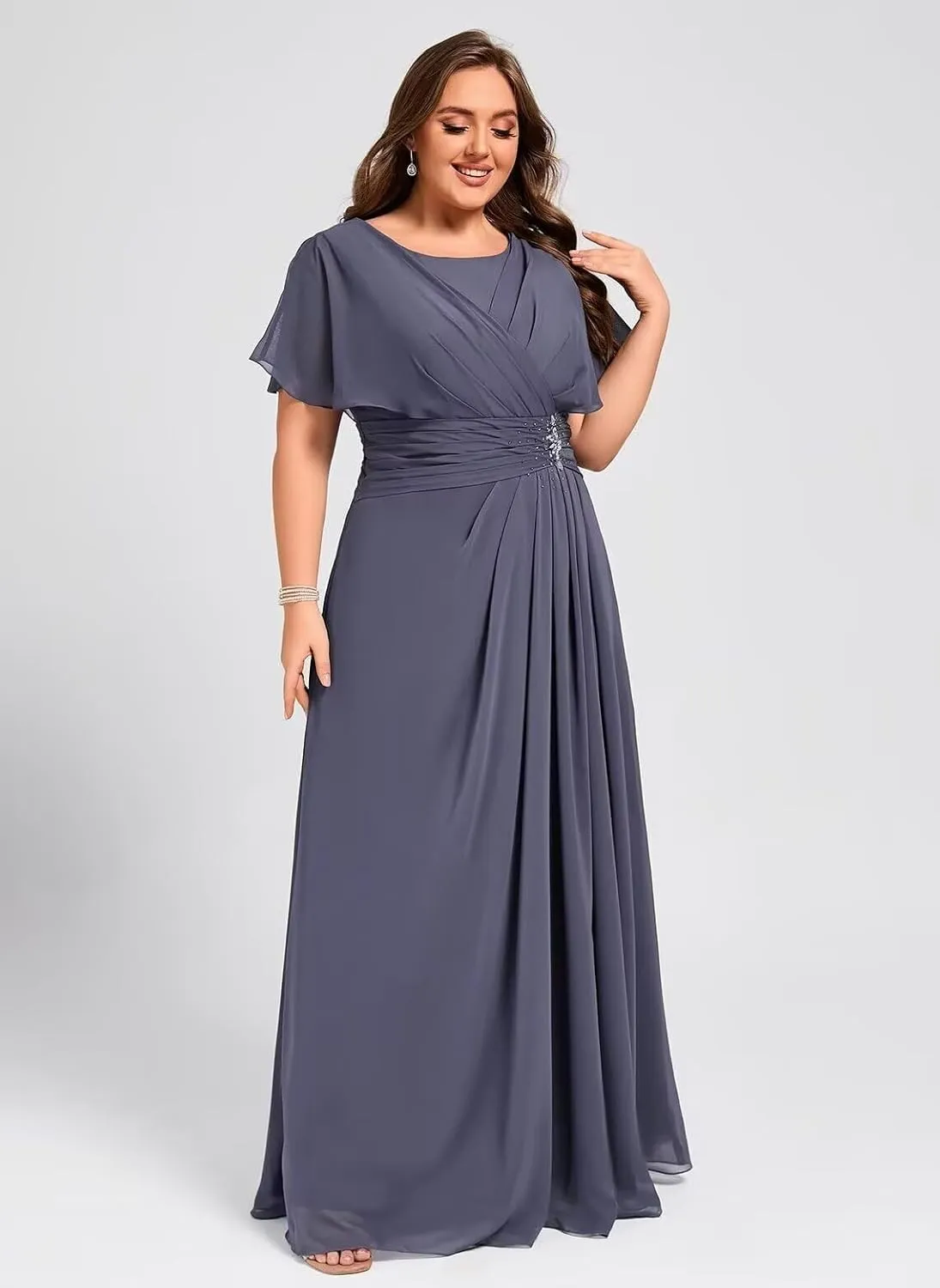 CWOAPO Mother of The Bride Dresses with Sleeves Scoop Neck Ruched Chiffon A-line Long Formal Wedding Guest Dresses 2025