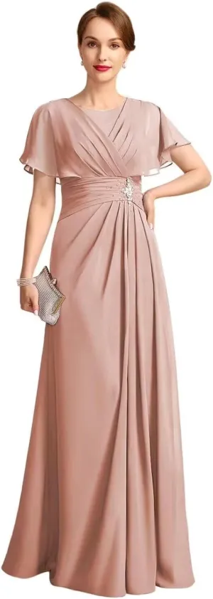 CWOAPO Mother of The Bride Dresses with Sleeves Scoop Neck Ruched Chiffon A-line Long Formal Wedding Guest Dresses 2025