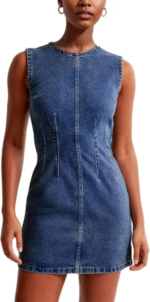 Daacee Womens Sleeveless Bodycon Denim Mini Dress Casual Waist Tucks Zipper Tank Jean Dresses