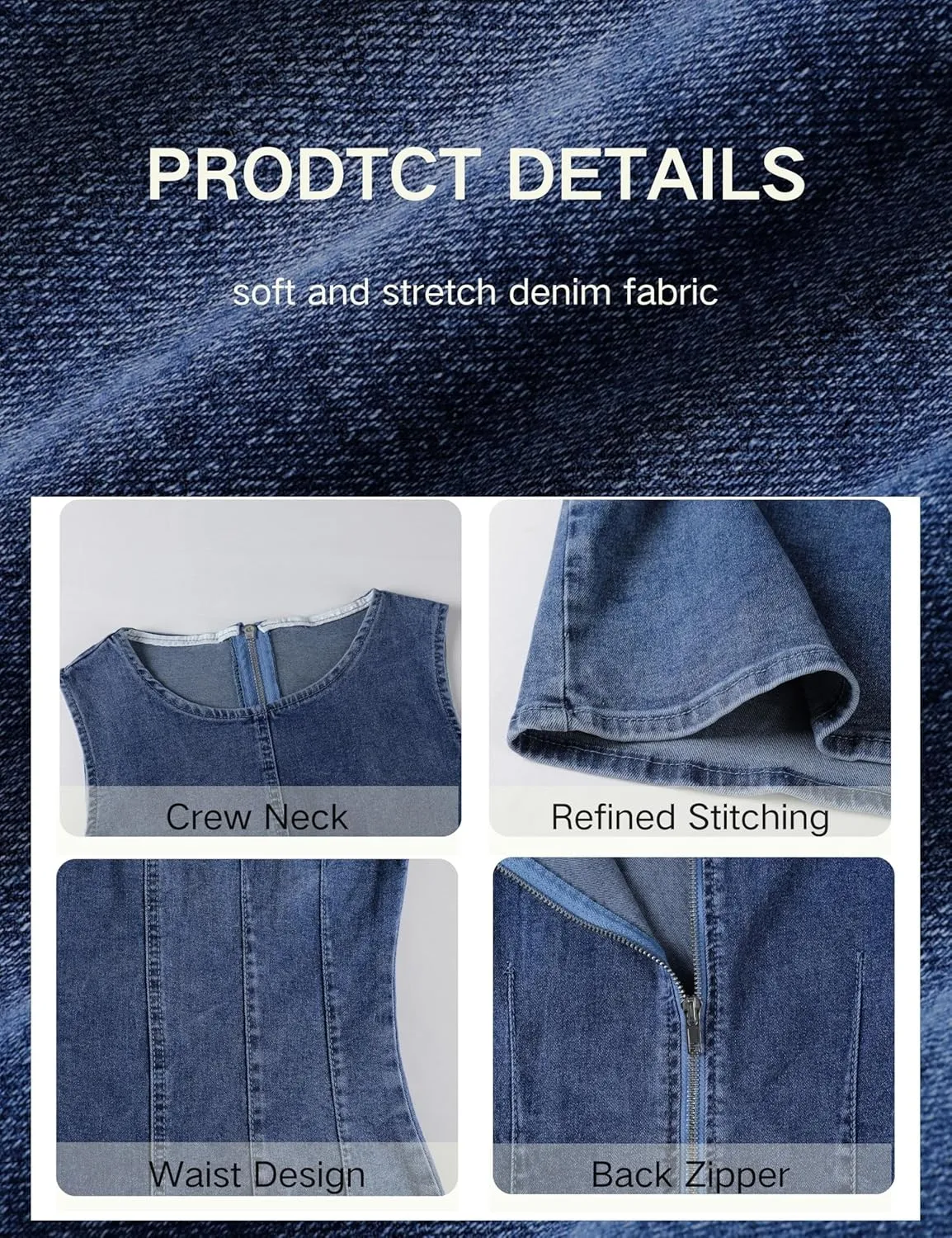 Daacee Womens Sleeveless Bodycon Denim Mini Dress Casual Waist Tucks Zipper Tank Jean Dresses