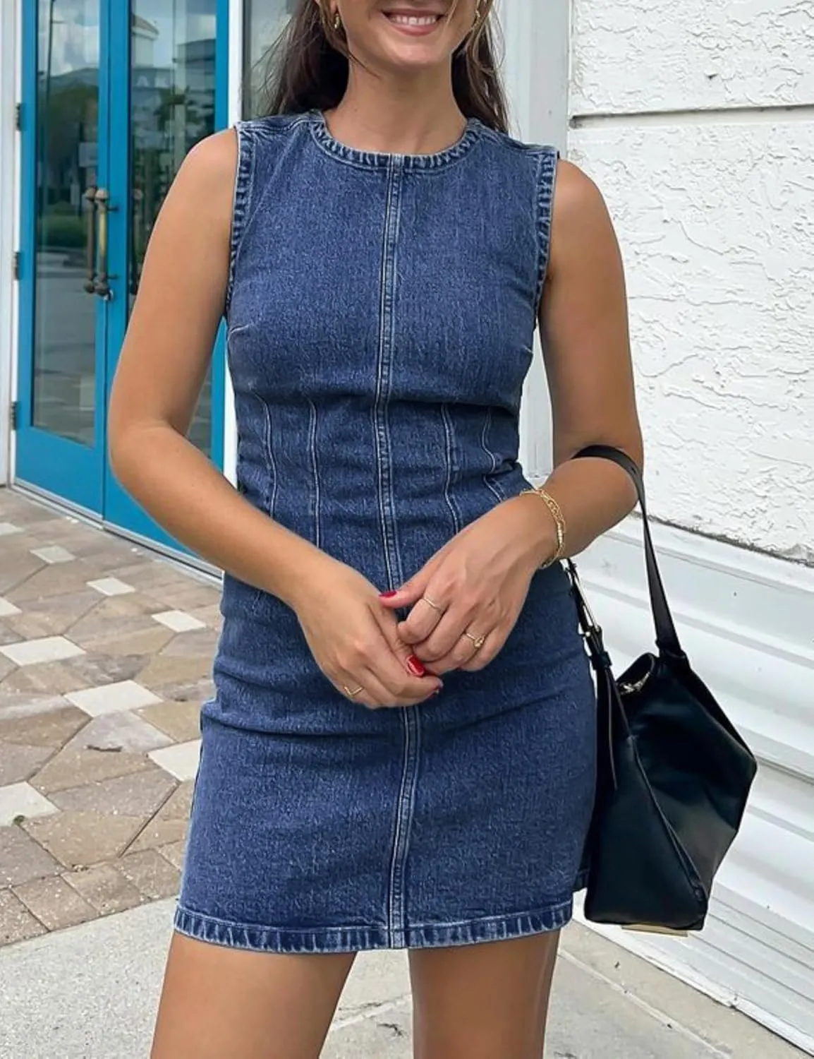 Daacee Womens Sleeveless Bodycon Denim Mini Dress Casual Waist Tucks Zipper Tank Jean Dresses
