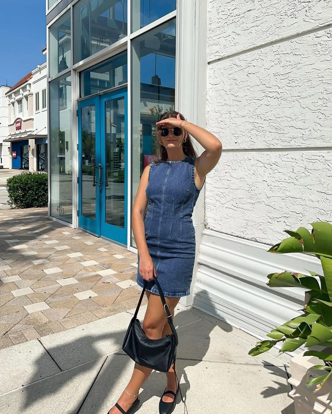 Daacee Womens Sleeveless Bodycon Denim Mini Dress Casual Waist Tucks Zipper Tank Jean Dresses