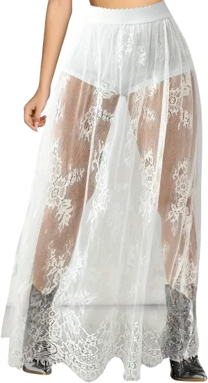 DDAPJ pyju Sexy Skirt for Women Sheer Mesh Floral Lace Gothic Skirt High Waisted Maxi Skirt Beach Cover-ups Y2K Streetwear