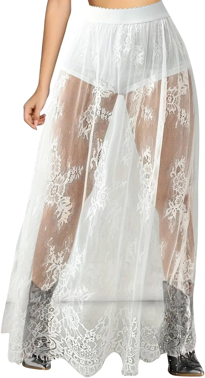 DDAPJ pyju Sexy Skirt for Women Sheer Mesh Floral Lace Gothic Skirt High Waisted Maxi Skirt Beach Cover-ups Y2K Streetwear