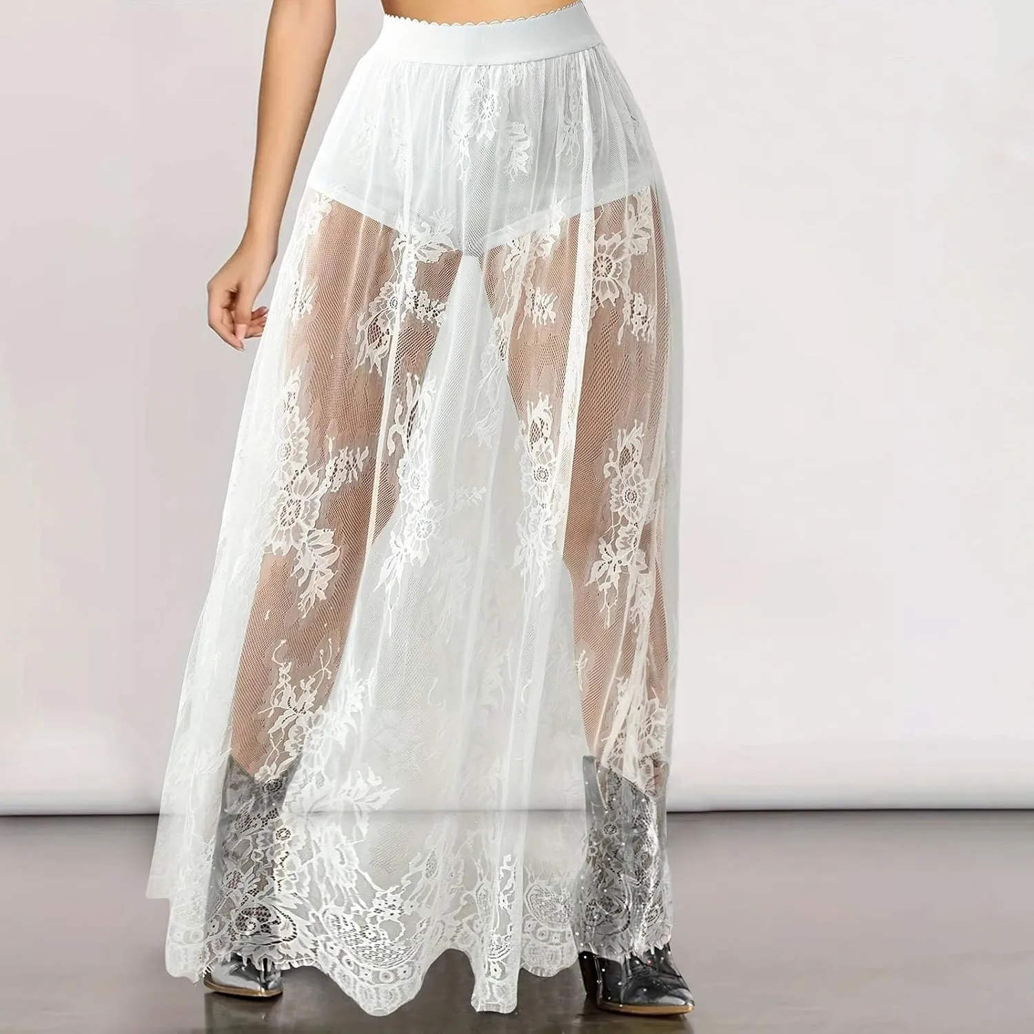 DDAPJ pyju Sexy Skirt for Women Sheer Mesh Floral Lace Gothic Skirt High Waisted Maxi Skirt Beach Cover-ups Y2K Streetwear