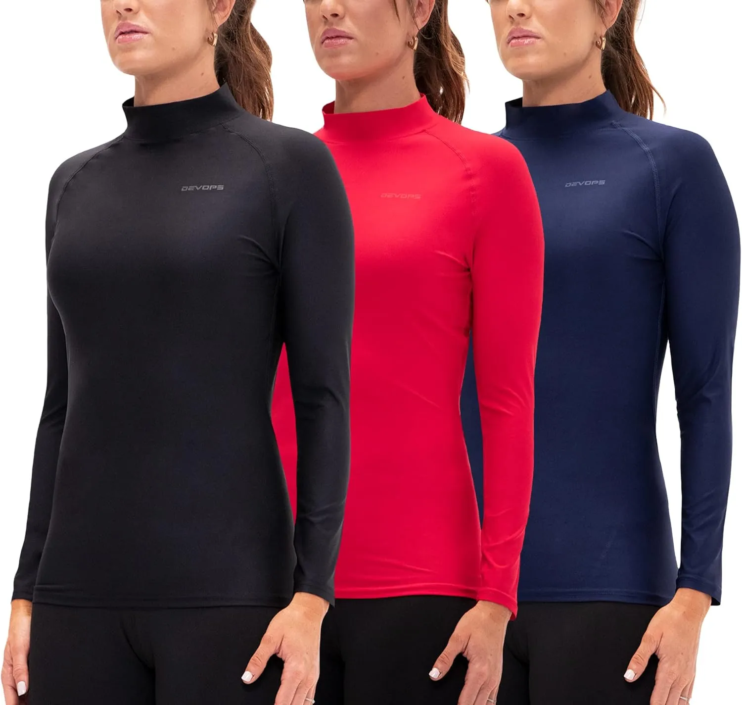 DEVOPS 3 Pack Women's Compression Shirt Dry Fit Turltle Neck Long Sleeve Running Athletic T-Shirt Workout Tops