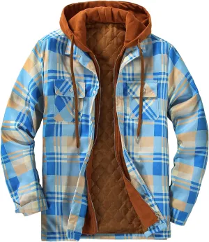 DOSLAVIDA Men's Flannel Shirt Jacket Quilted Lined Winter Coat Long Sleeve Button Dwon Shirt Warm Hooded Plaid Jacket