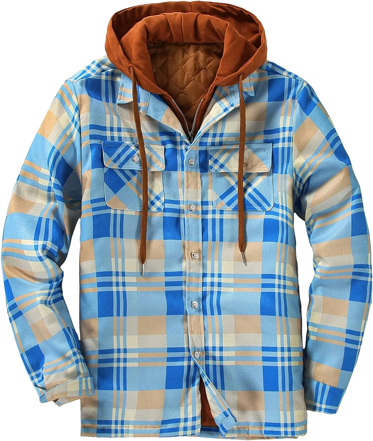 DOSLAVIDA Men's Flannel Shirt Jacket Quilted Lined Winter Coat Long Sleeve Button Dwon Shirt Warm Hooded Plaid Jacket