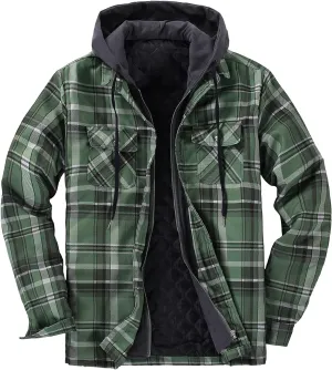 DOSLAVIDA Men's Flannel Shirt Jacket Quilted Lined Winter Coat Long Sleeve Button Dwon Shirt Warm Hooded Plaid Jacket