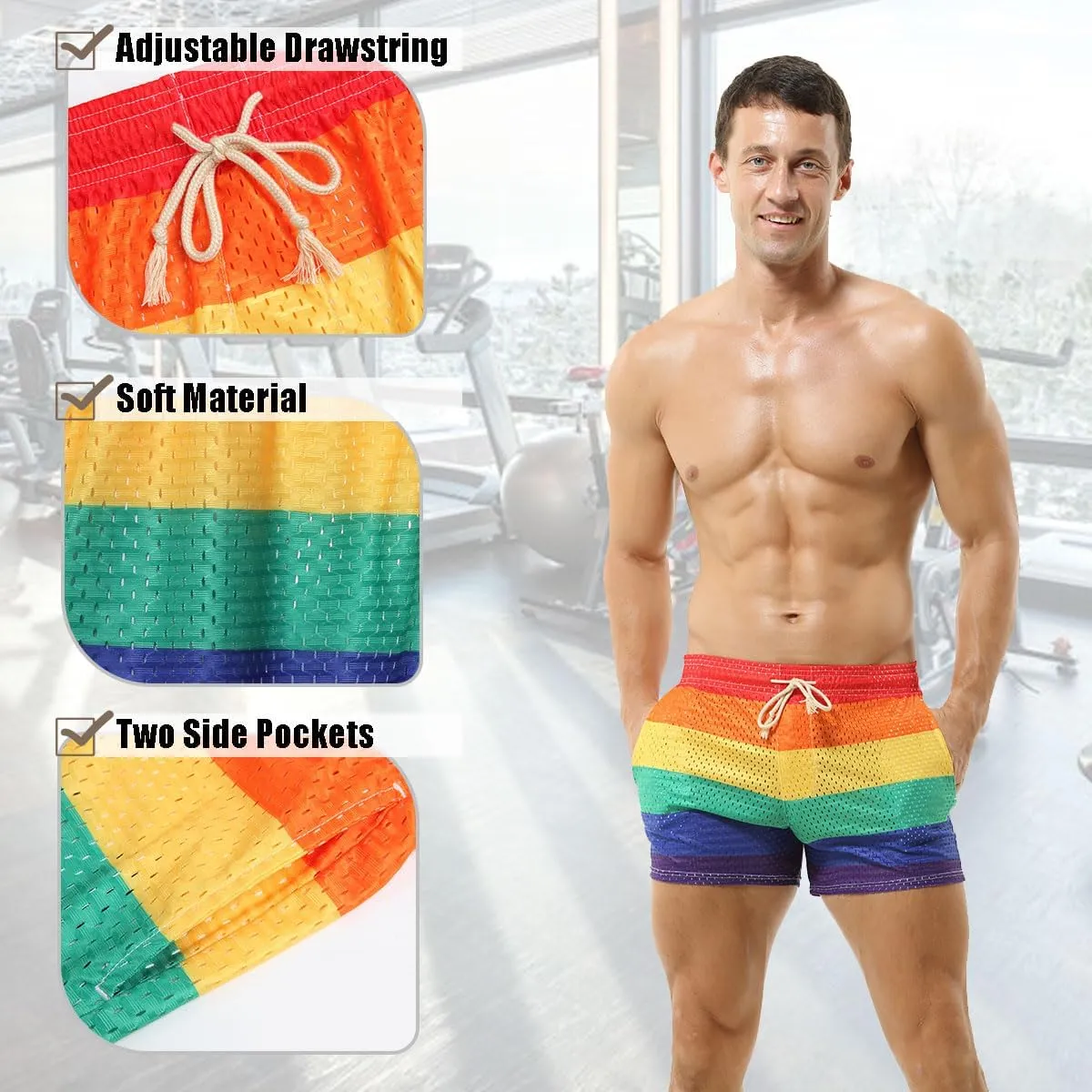 DTODWW Mens Workout Shorts Rainbow Stripe Mesh Shorts 3 Inch Men Running Shorts Breathable with Pockets for Athletic Gym