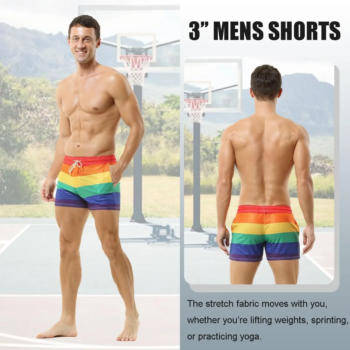 DTODWW Mens Workout Shorts Rainbow Stripe Mesh Shorts 3 Inch Men Running Shorts Breathable with Pockets for Athletic Gym