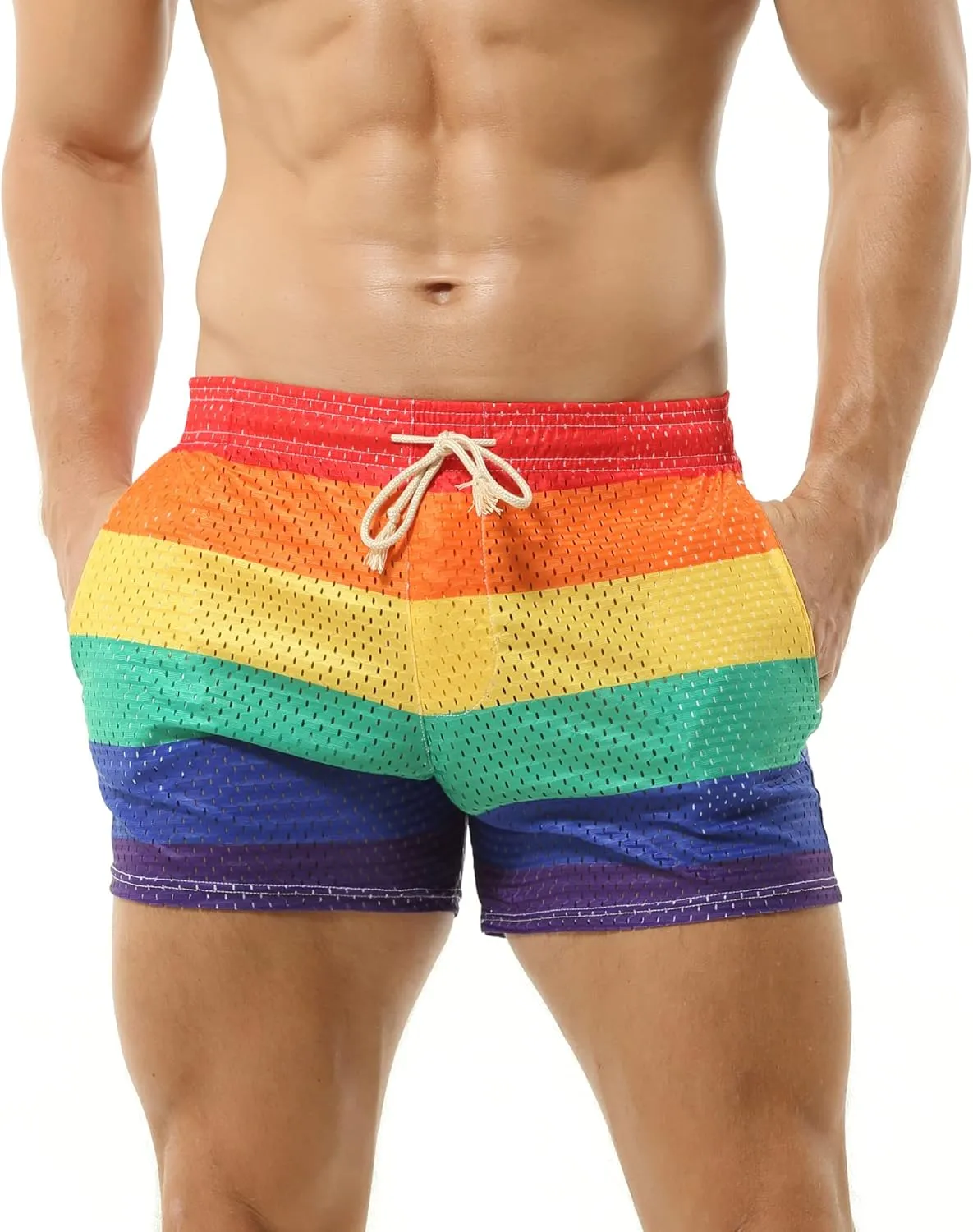 DTODWW Mens Workout Shorts Rainbow Stripe Mesh Shorts 3 Inch Men Running Shorts Breathable with Pockets for Athletic Gym