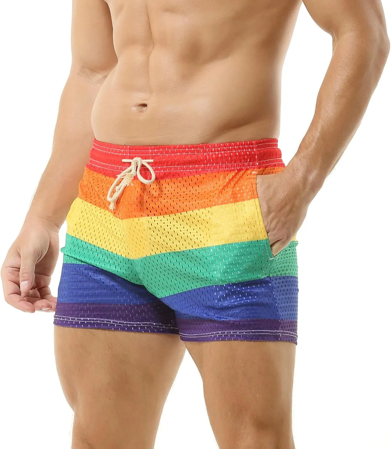 DTODWW Mens Workout Shorts Rainbow Stripe Mesh Shorts 3 Inch Men Running Shorts Breathable with Pockets for Athletic Gym