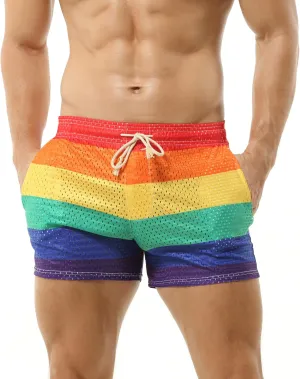 DTODWW Mens Workout Shorts Rainbow Stripe Mesh Shorts 3 Inch Men Running Shorts Breathable with Pockets for Athletic Gym