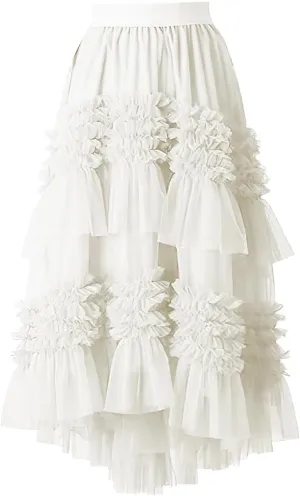 ebossy Women High-Low Tutu Tulle Pleated Skirt Tiered Ruffles Mesh Fairy Mid Long Skirt with Lined