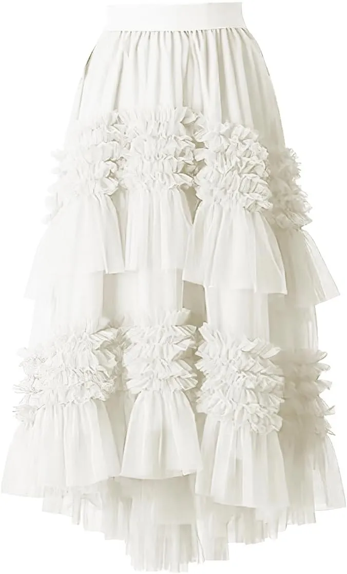 ebossy Women High-Low Tutu Tulle Pleated Skirt Tiered Ruffles Mesh Fairy Mid Long Skirt with Lined