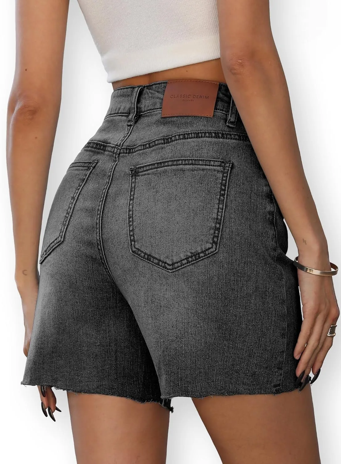 ELLEVEN Women's Raw Hem Jean Shorts, Wide Straight Leg Mom Denim Shorts