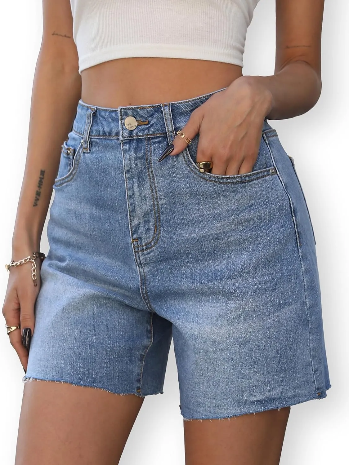 ELLEVEN Women's Raw Hem Jean Shorts, Wide Straight Leg Mom Denim Shorts