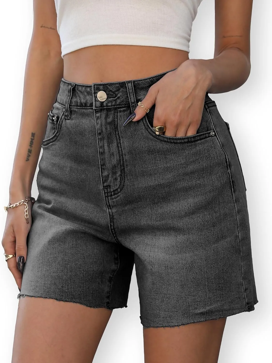ELLEVEN Women's Raw Hem Jean Shorts, Wide Straight Leg Mom Denim Shorts