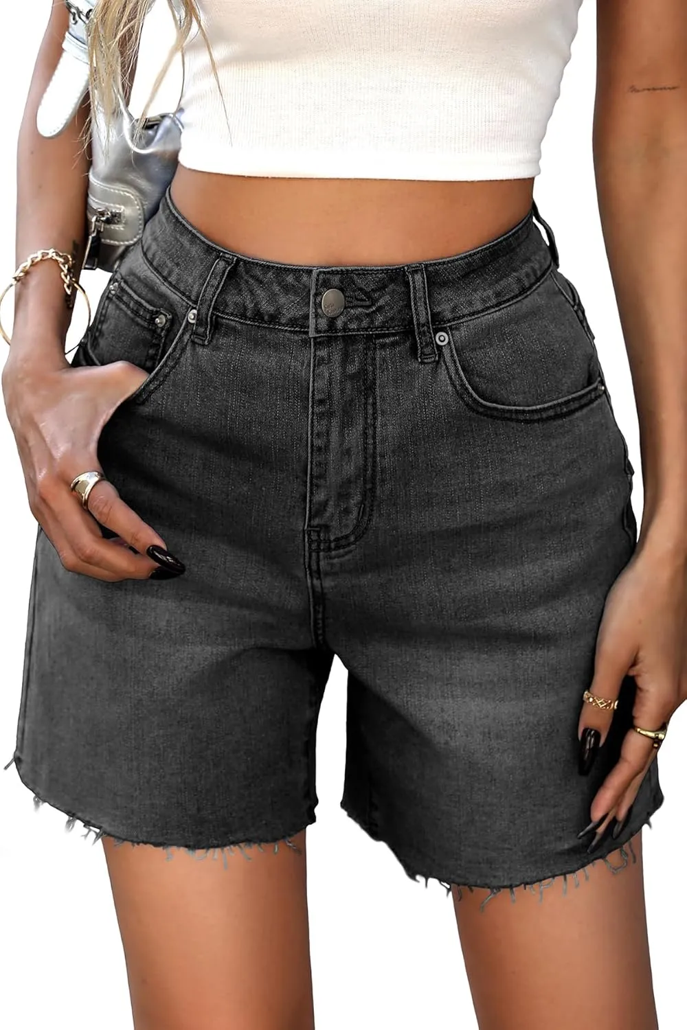ELLEVEN Women's Raw Hem Jean Shorts, Wide Straight Leg Mom Denim Shorts