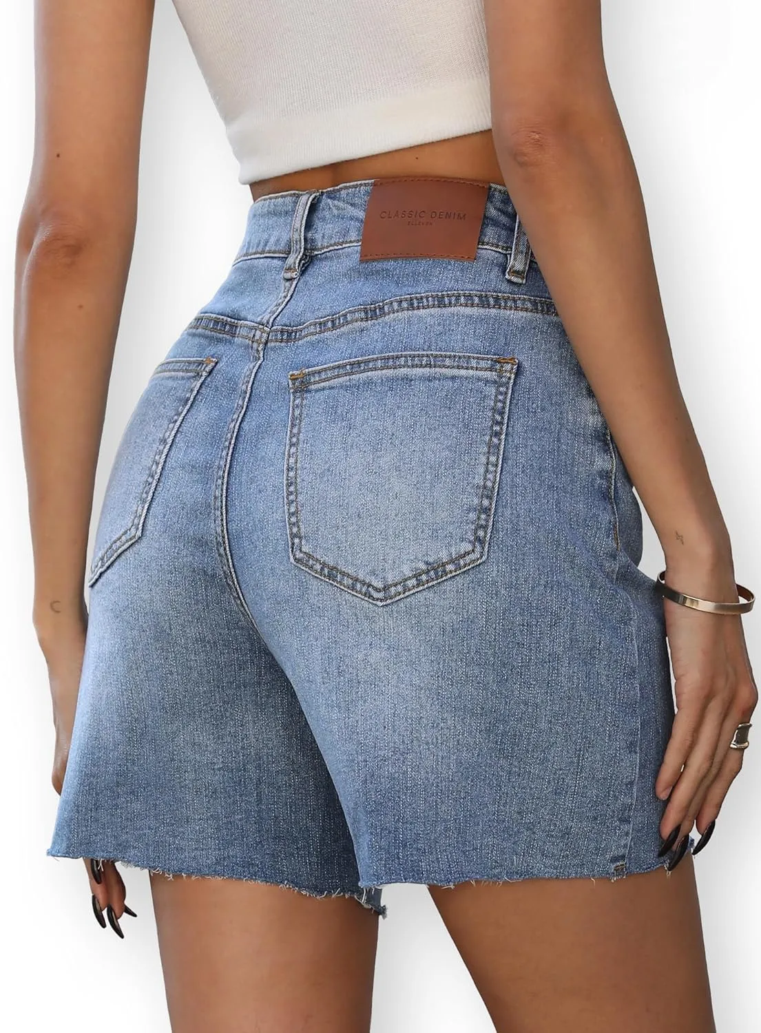 ELLEVEN Women's Raw Hem Jean Shorts, Wide Straight Leg Mom Denim Shorts