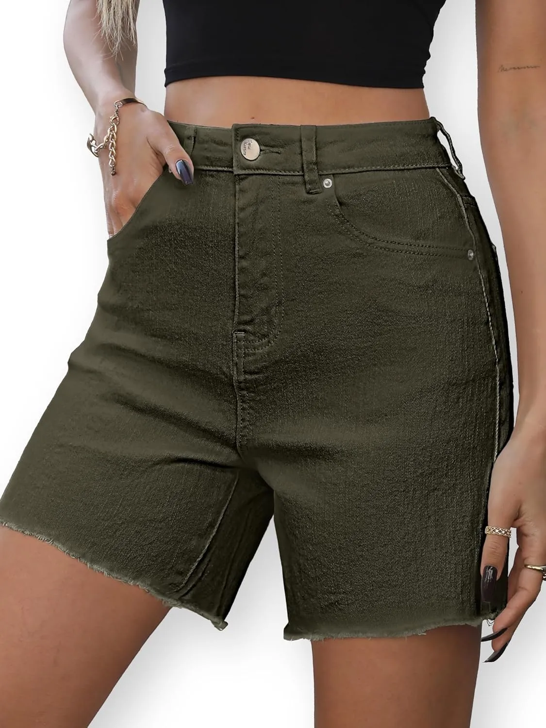 ELLEVEN Women's Raw Hem Jean Shorts, Wide Straight Leg Mom Denim Shorts