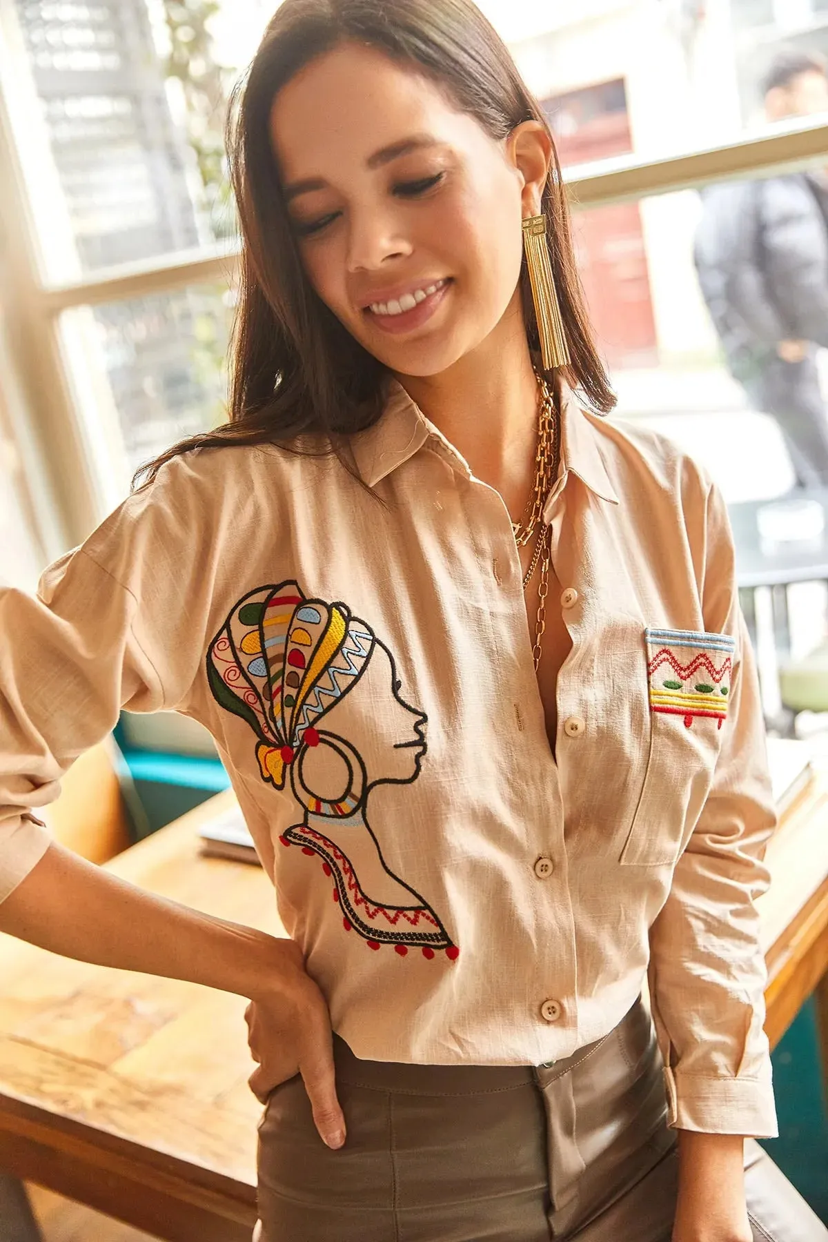 Ethnic Face Embroidered Linen Blouse
