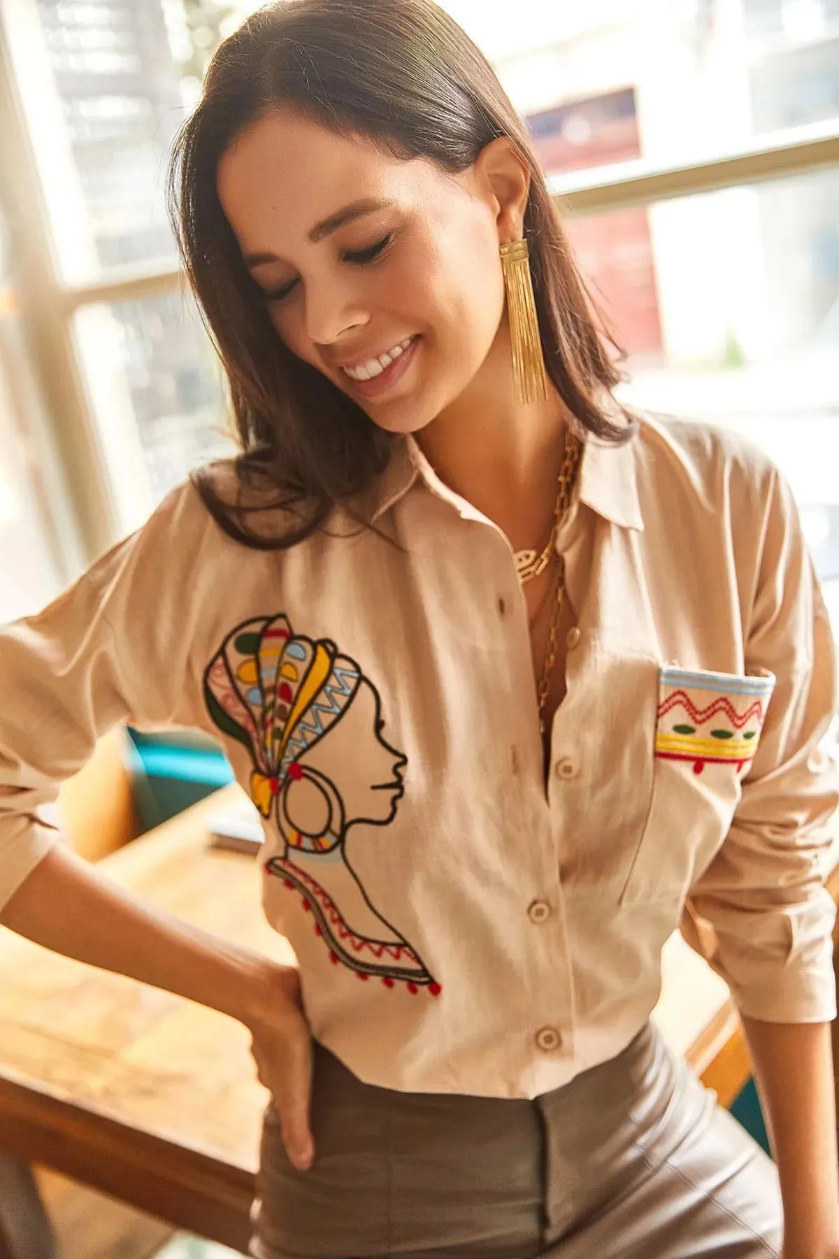 Ethnic Face Embroidered Linen Blouse