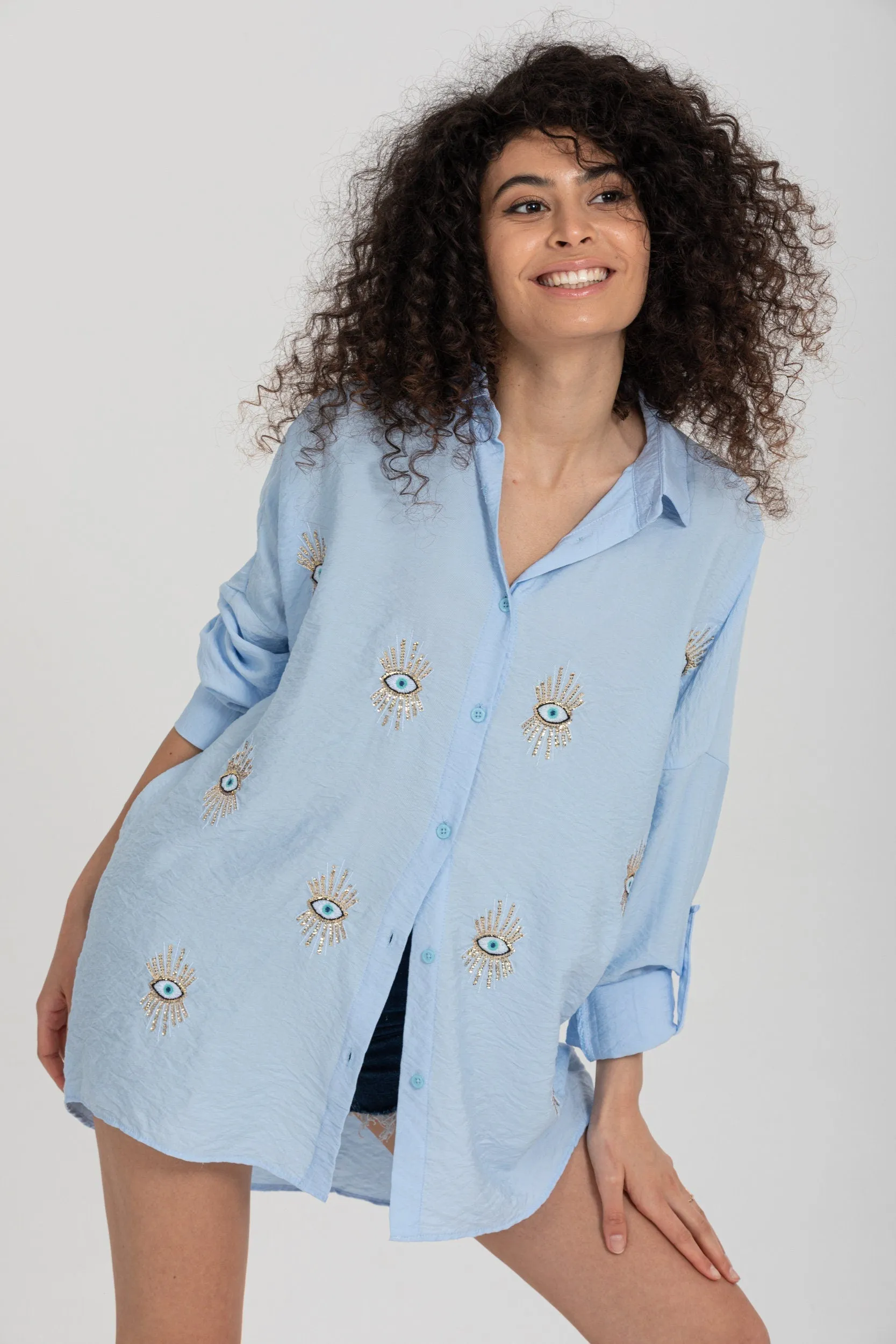 Evil Eye Embroidered Cotton Blouse