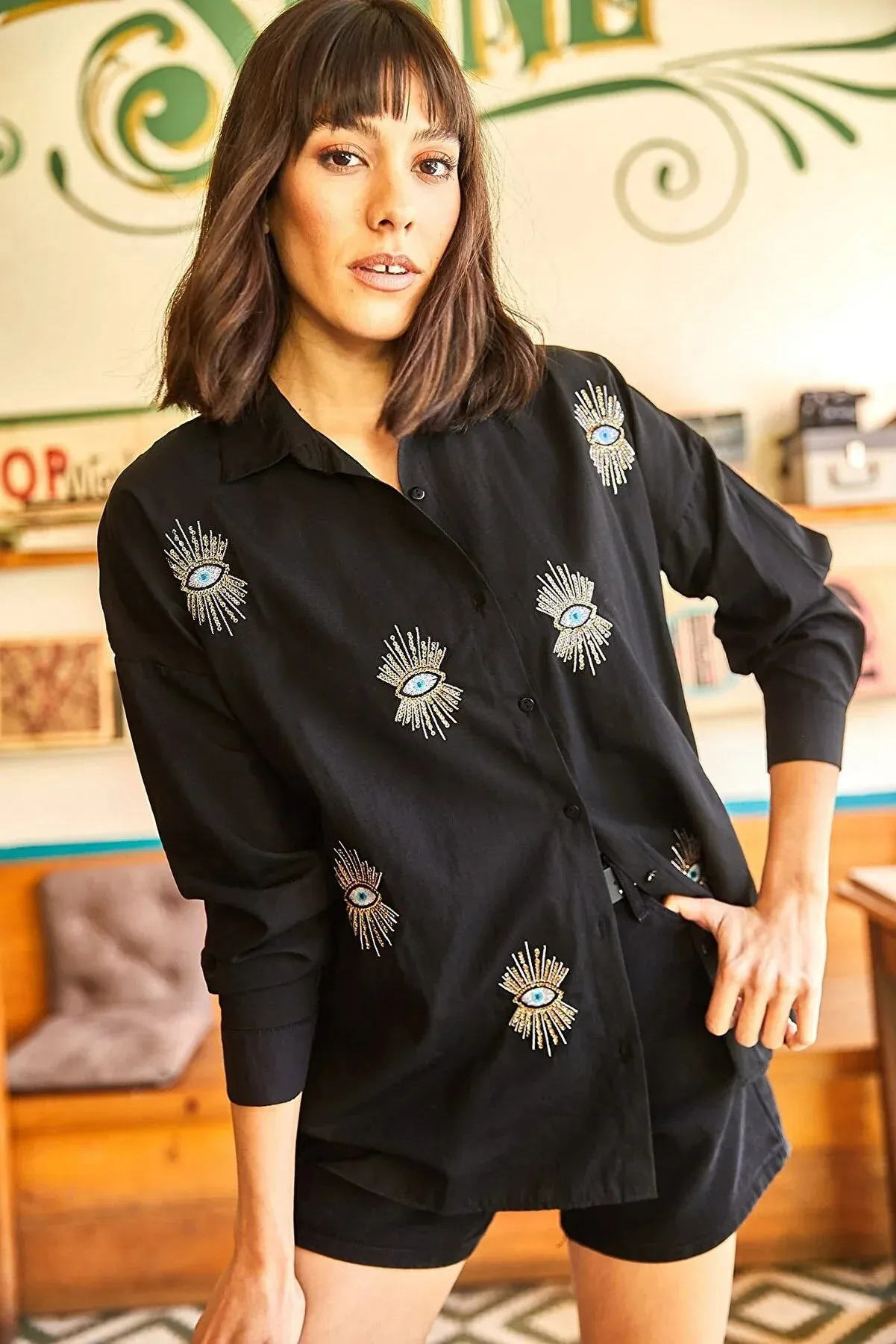 Evil Eye Embroidered Cotton Blouse