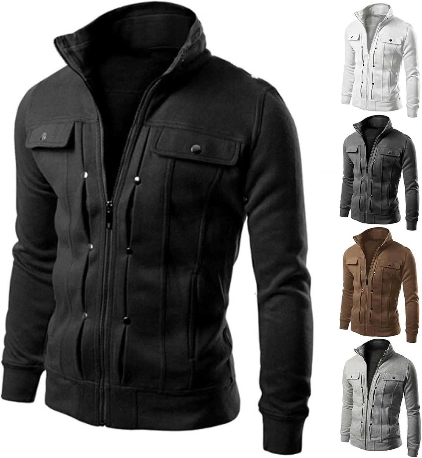 evzosrz Mens Zip Up Jackets Sweatshirts Fashion Casual Slim Fit Faux Leather Bombers Warm Fall Winter Motorcycle Lapel Coats