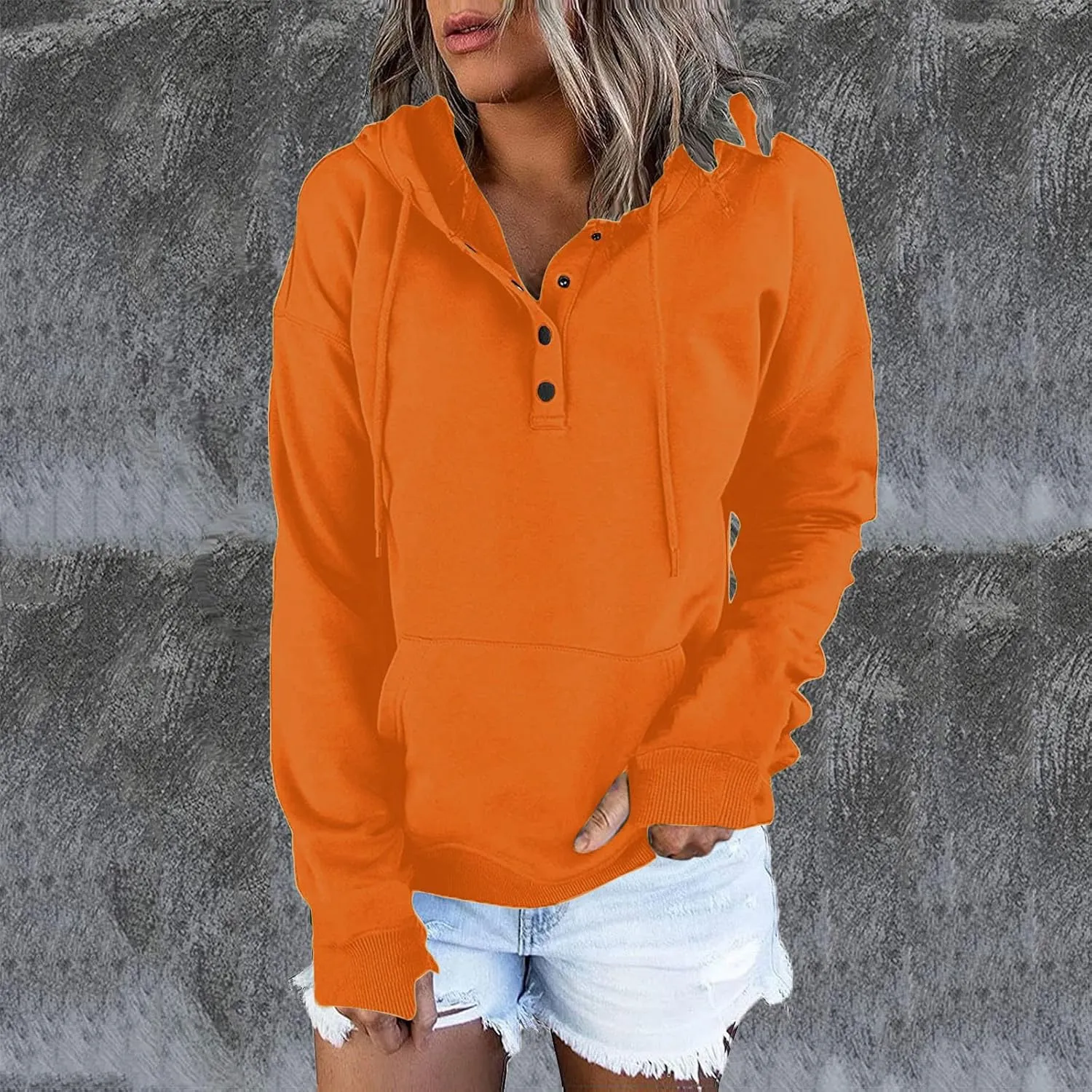 Fall Hoodies for Women Fashion 2023 Button Down Thumb Hole Hooded Sweatshirt Casual Pullover Tops with Kangaroo Pocket