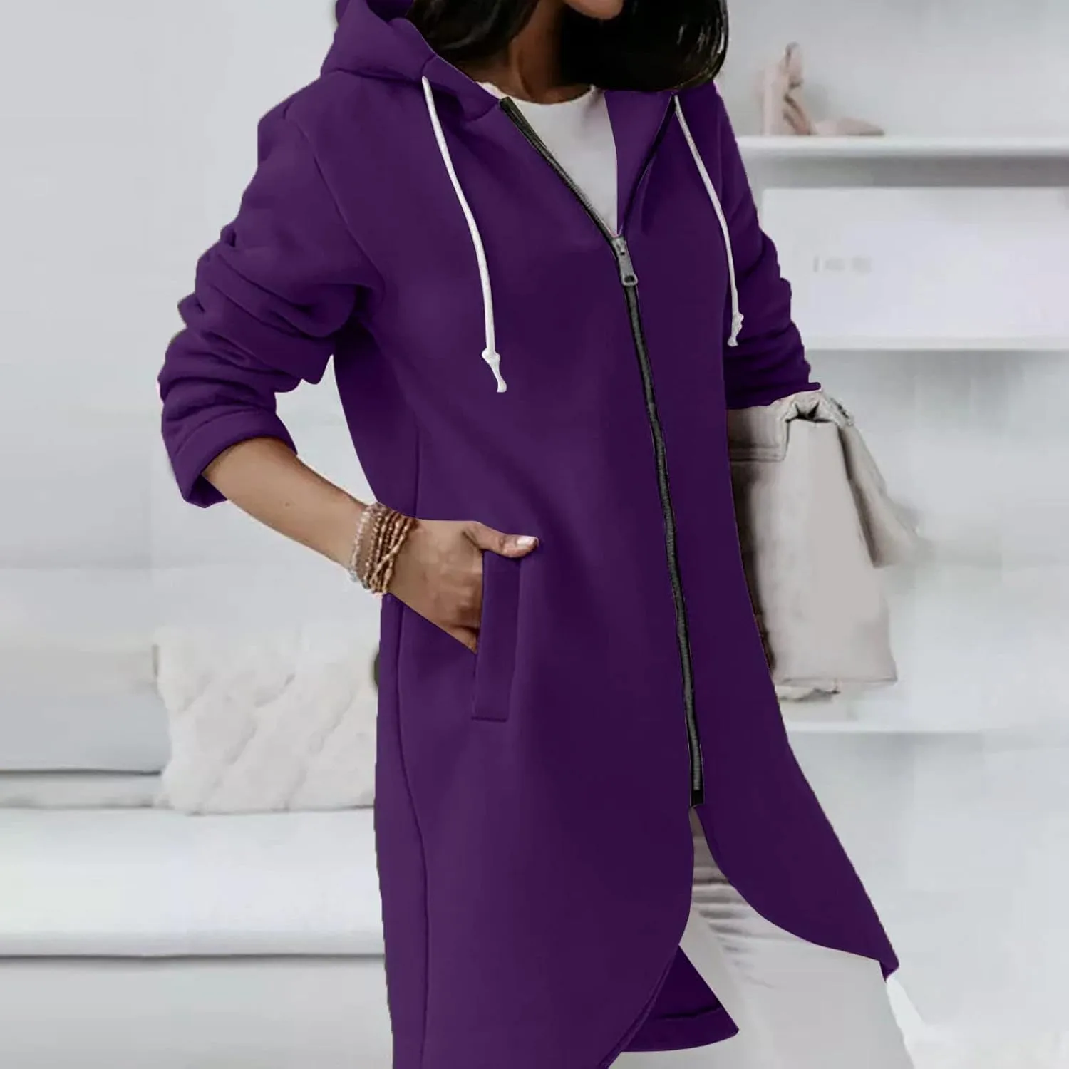 fartey Zip Up Hoodie Women Casual Oversized Long Hoodies Long Sleeve Drawstring Asymmetrical Tunic Sweatshirts With Pockets
